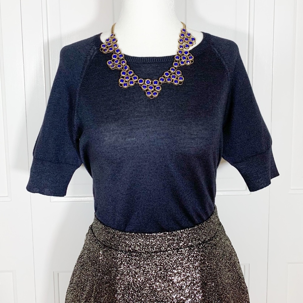 Prada Size 40 (US Size 4) Long Navy Knit Crew Neck Elbow Short Sleeve Sweater